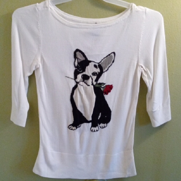White House Black Market Tops - Womans XS White House Black Market Black and White Dog With Rose Long Sleeve Tee